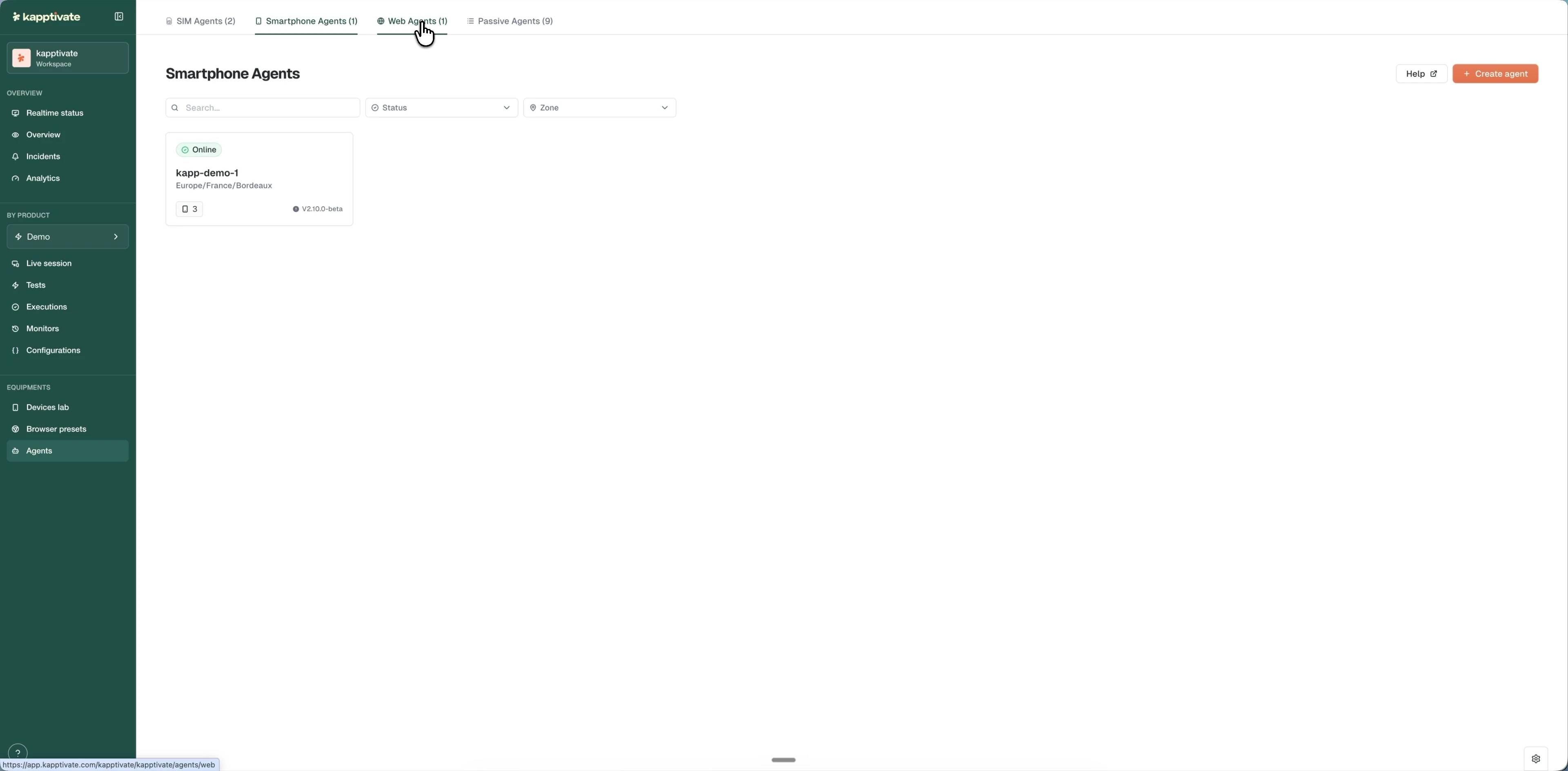 The Agents area on the Smartphone Agents tab, with SIM, Smartphone, Web, and Passive tabs, a search box, Status and Zone filters, and an agent card