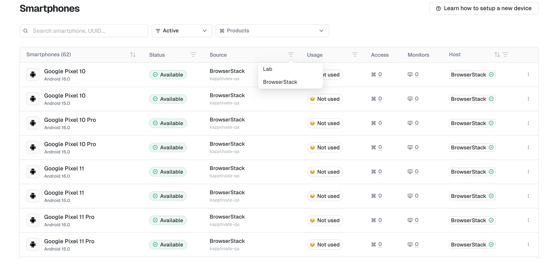 The Devices lab on the Smartphones tab, with the Source column showing BrowserStack and the account for imported devices, and its filter offering Lab and BrowserStack