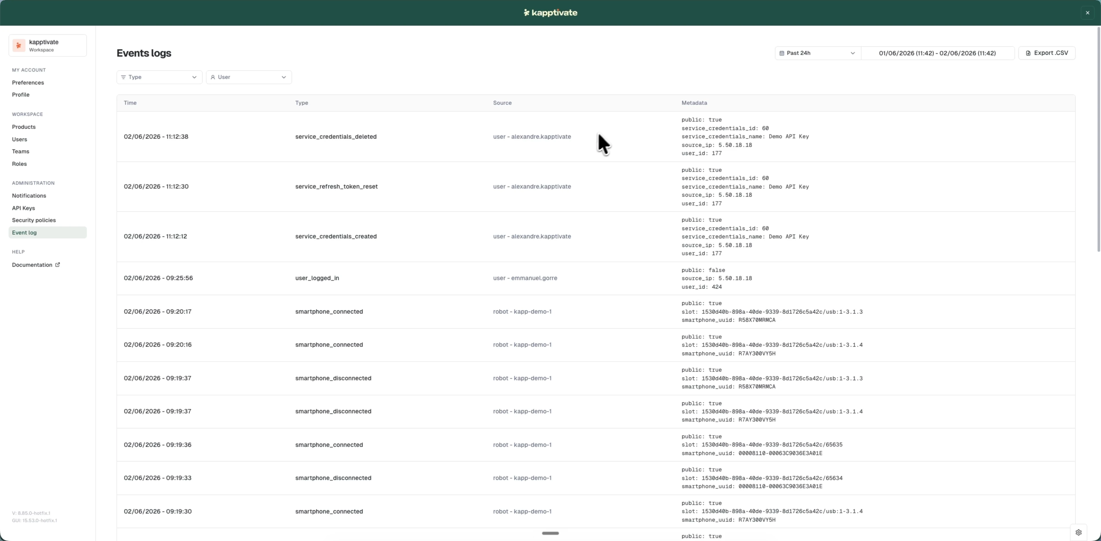 The event log table listing recent events with time, type, source, and metadata columns