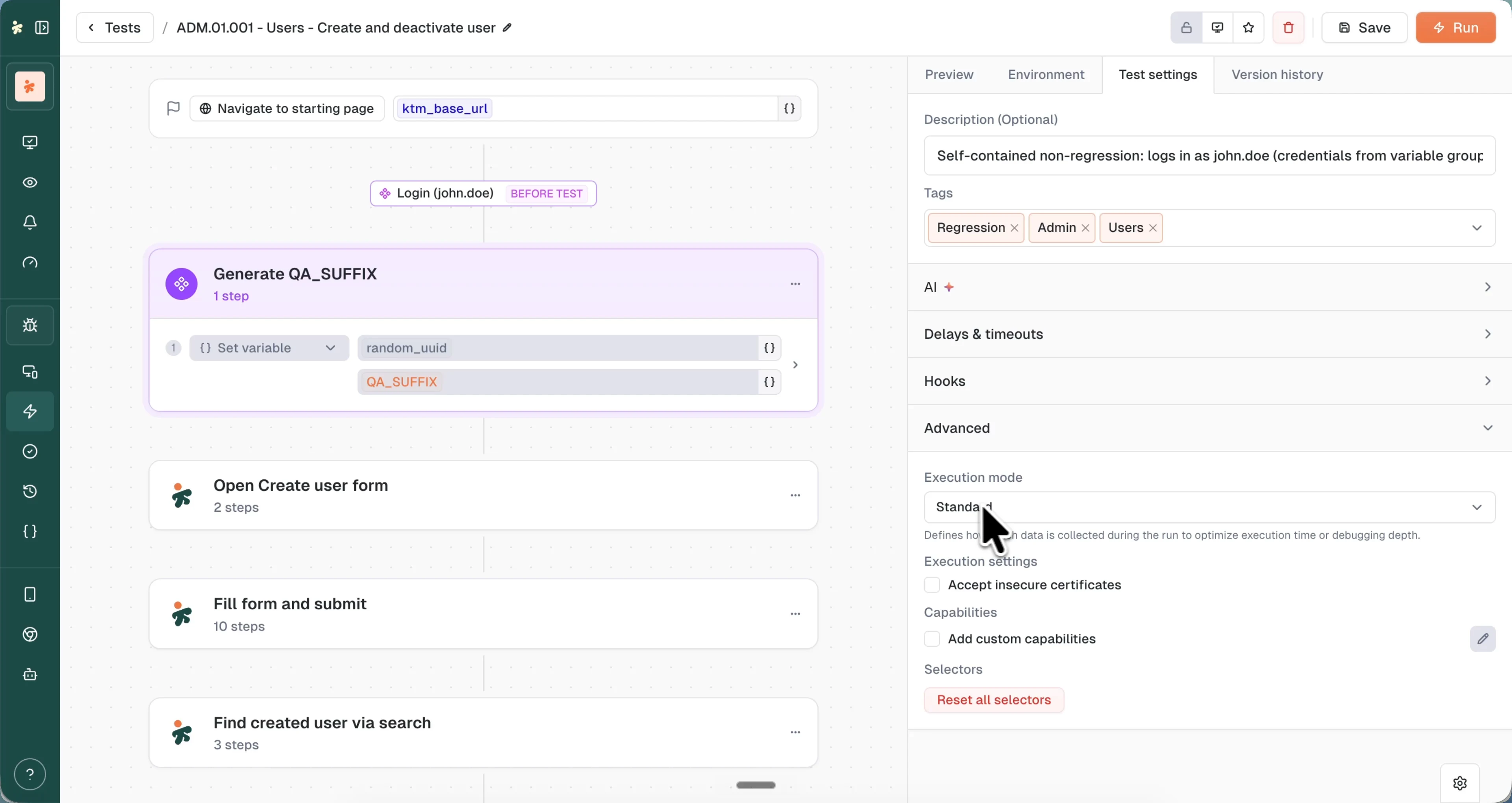The test builder Test settings tab with the Advanced section expanded on the Execution mode dropdown