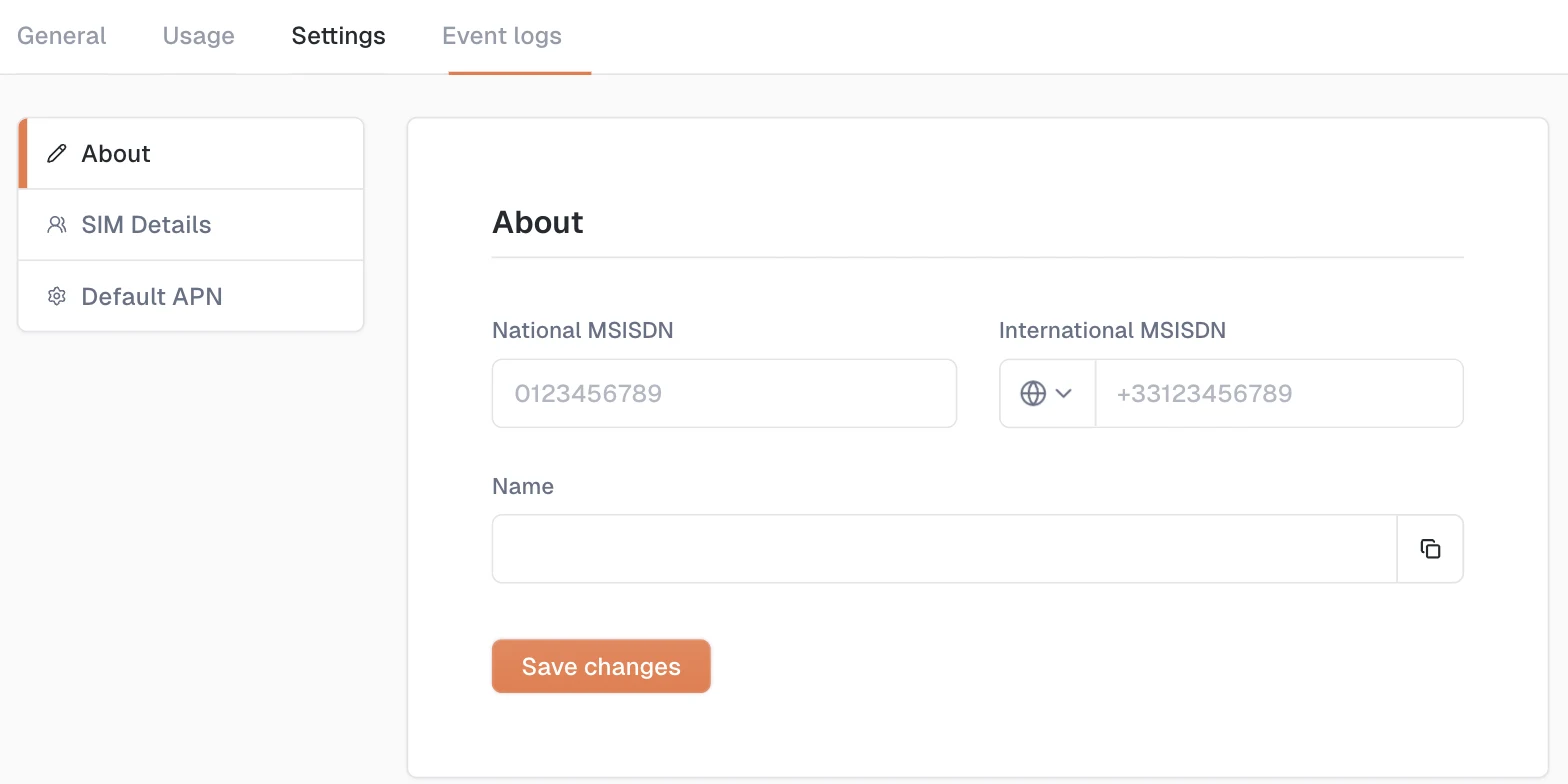 The Settings tab of a SIM, with the About, SIM Details, and Default APN sub-navigation and the About form holding National MSISDN, International MSISDN with a country selector, Name, and a Save changes button