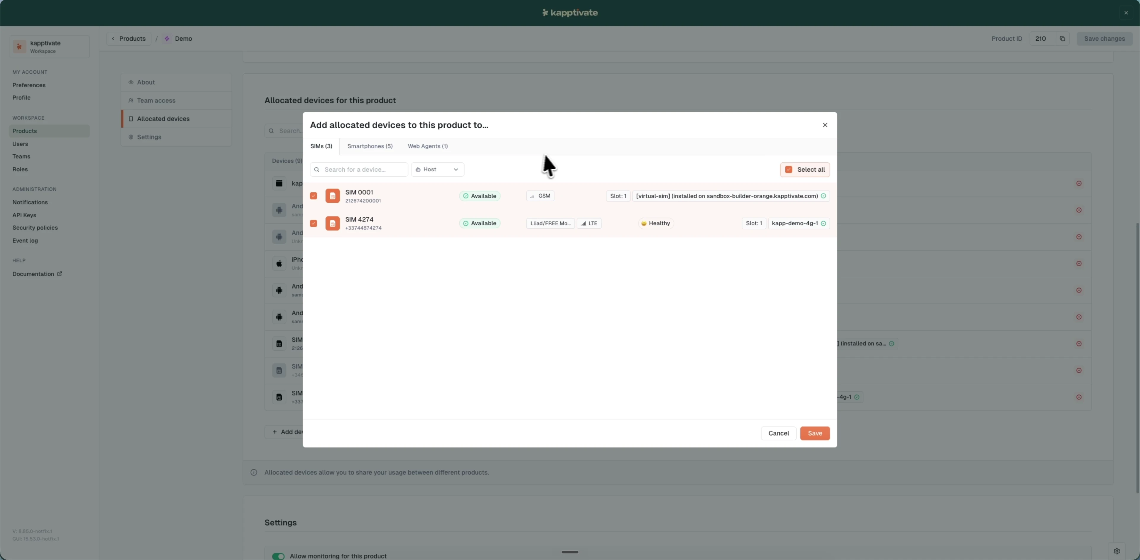 The Add devices modal with SIMs, Smartphones, and Web Agents tabs, a device list with checkboxes, and Select all